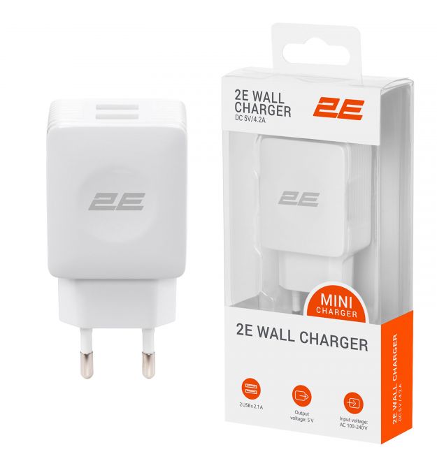 2E Сетевое ЗУ USB Wall Charger Dual DC5В/4.2А, белый