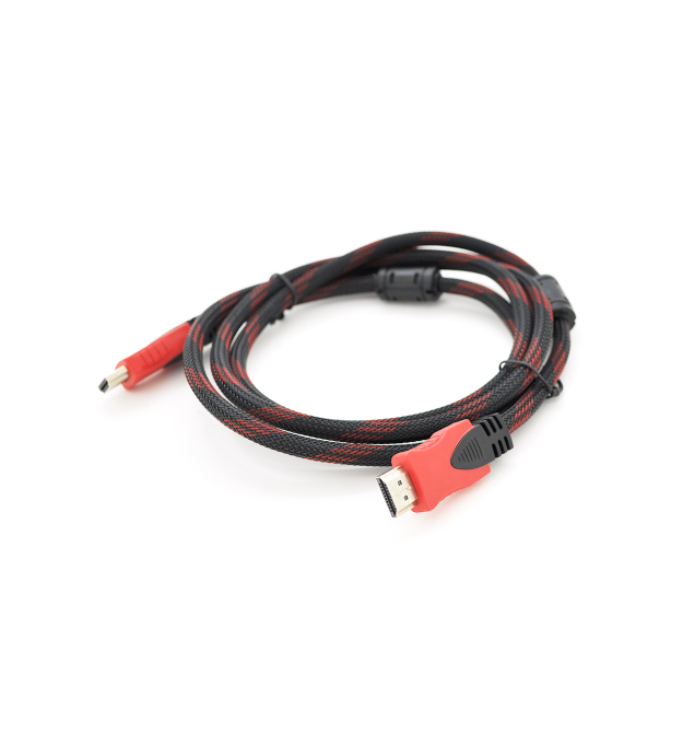 Кабель Merlion HDMI-HDMI 3.0m, v1.4, OD-7.4mm, 2 фільтра, обплетення, круглий Black - RED, коннектор RED - Black, (Пакет) Q120