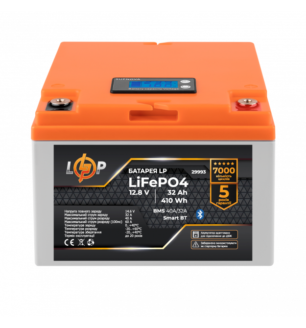 Аккумулятор LP LiFePO4 12,8V - 32 Ah (410Wh) (BMS 40А/32A) пластик LCD Smart BT