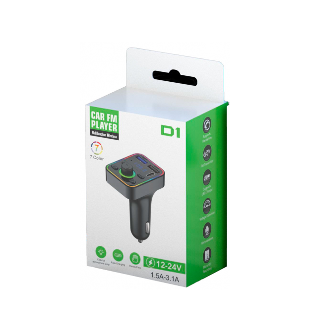 FM-модулятор D1, підсвічування 7 кольорів, 1.5-3.1A, USB, TF, 49.5х41х36