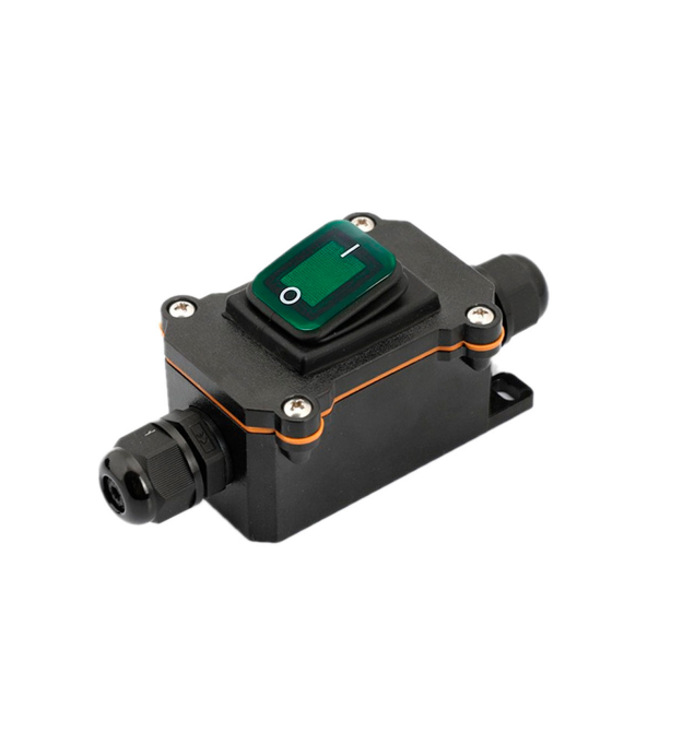 Вимикач зовнішнього монтажу, зелена кнопка з підсвічуванням, двосторонній висновок, IP65, AC:110-250V, 20A, Black