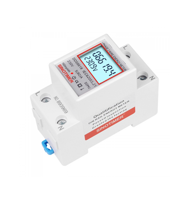 Однофазний електронний лічильник на DIN-рейку, 220V, LCD + підсвічування, відображення V, A, kW (35х65х78мм)