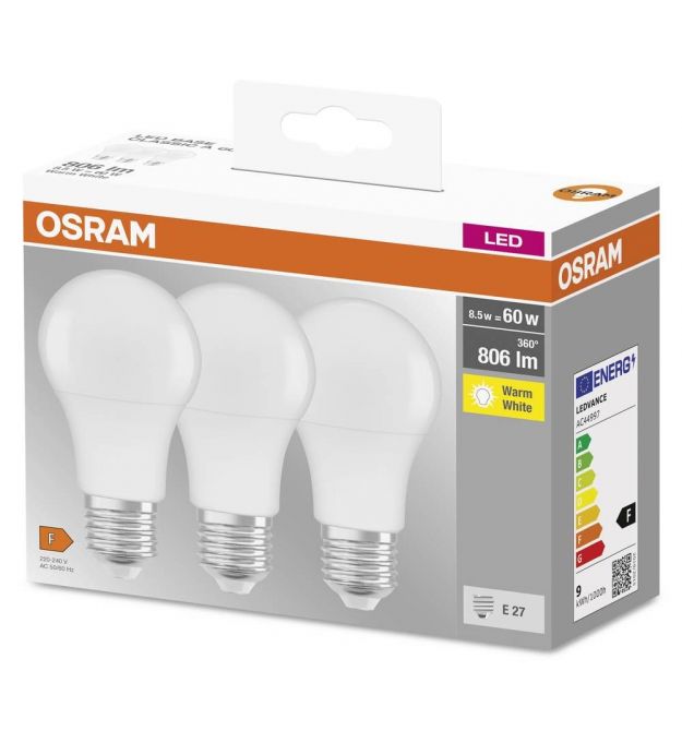 Набір ламп Osram 3шт LED E27 8.5Вт 2700К 806Лм A60 (4099854046797)