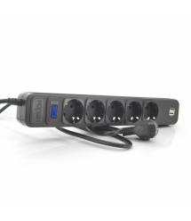 Сетевой удлинитель MERLION B518U, 220В 10А, 5 розеток + 2 порта USB 2.1A, 1,8м, сечение 3х0,75мм, черный Q50