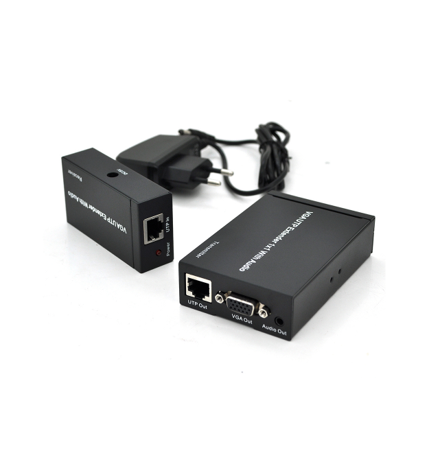 Активный удлинитель VGA сигнала до 300m по витой паре Cat5e / 6e, 1080P, Black, BOX