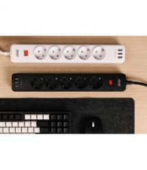 2E Сетевой фильтр 5XSchuko с защитой от импульcных скачков напряжения, 3G*1.5мм, 3*USB-A, 2м, white