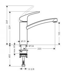 Hansgrohe Змішувач для кухні Focus, довж.виливу - 220мм, поворотний, 1важіль, KM160, сталь