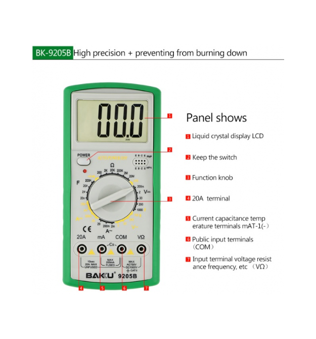 Мультиметр BAKKU BK-9205B Измерения: V, A, R