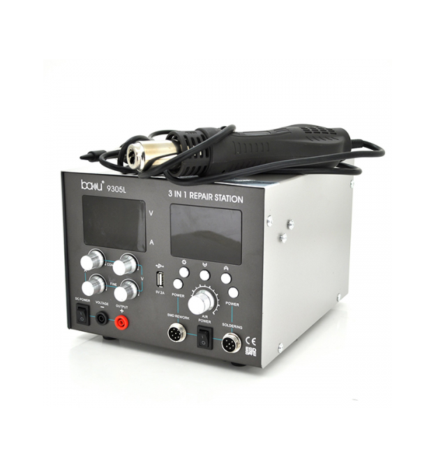 Паяльная станция BAKKU BA-9305D цифровая индикация, фен, паяльник, БП DC 0-30В, 5A (335*300*235) 4,91 кг