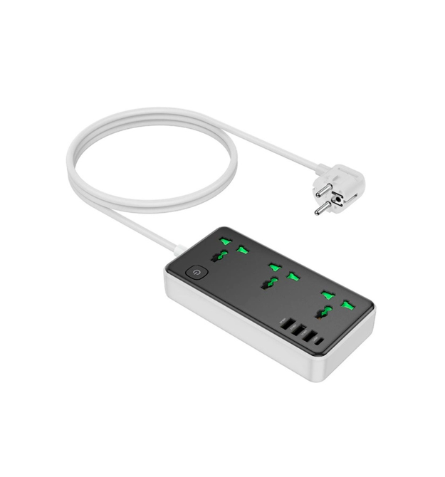 Мережевий фільтр HOCO AC7A на 3 розетки + 3 USB+USB-C, 17W, 220В, кабель 1,5м, Black - White, Box