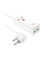 Мережевий фільтр HOCO AC10A на 1 розетку + 2 USB + 2 USB-C, 65W, кабель 1,5 м, 220В, White, Box