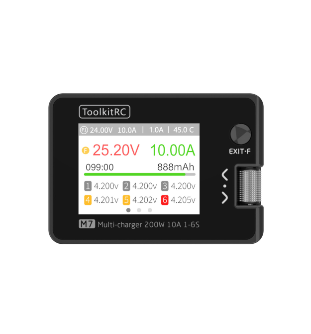 Зарядний пристрій ToolkitRC M7 200Вт, тип АКБ LiPo, LiHv, Li-ion, NiMh, LiFe, Pb, USB iнтерфейс, XT60, вхiд 7-35В, вага 90г, без