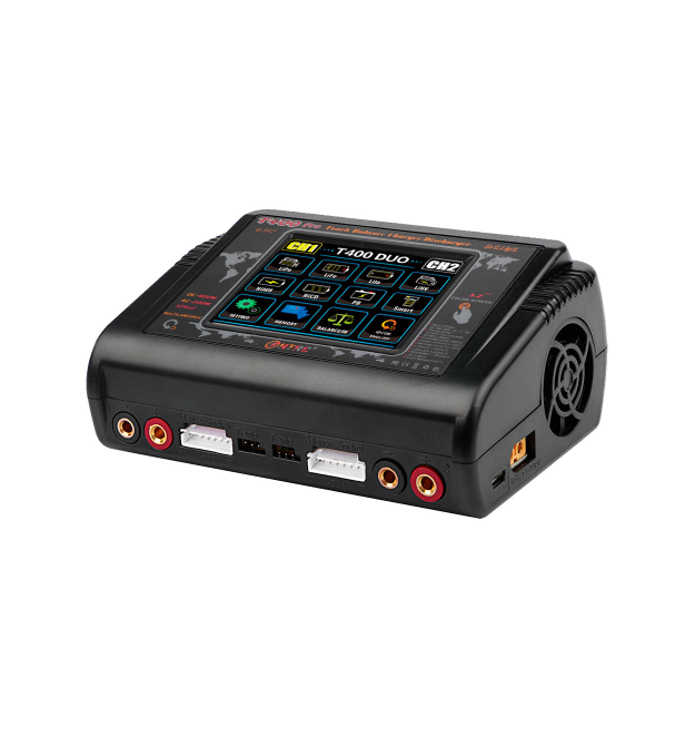 Зарядний пристрій HTRCT400 Pro Duo AC200 - DC400Вт, тип АКБ LiPo, LiHv, Li-ion, NiMh, LiFe, Pb, 3.2 Touch screen, 100*65*140 (мм
