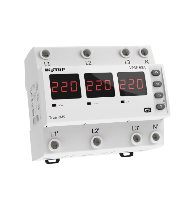 Реле напруги дворежимне одно - трифазне VP-3F63А M6R на DIN-рейку, 3*63А, 3*13500Вт, 120-270В, шестимодульне з індикатором напру