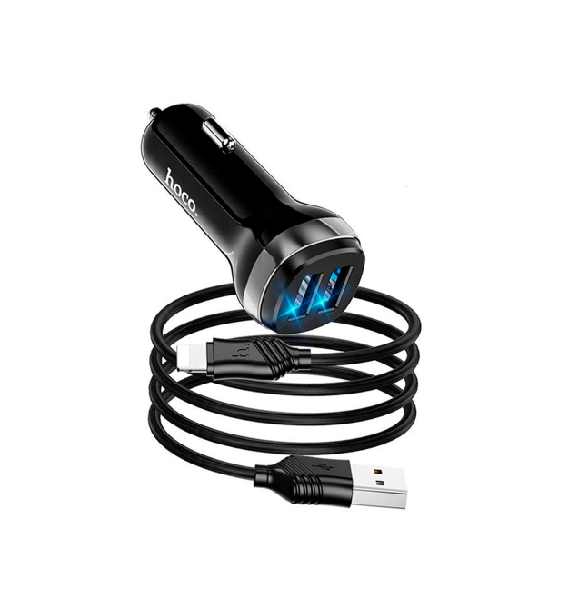 Набір АЗУ 12-24V HOCO Z40+ кабель Lighting, 2xUSB, 2.4A, кабель 1м, Black, Box