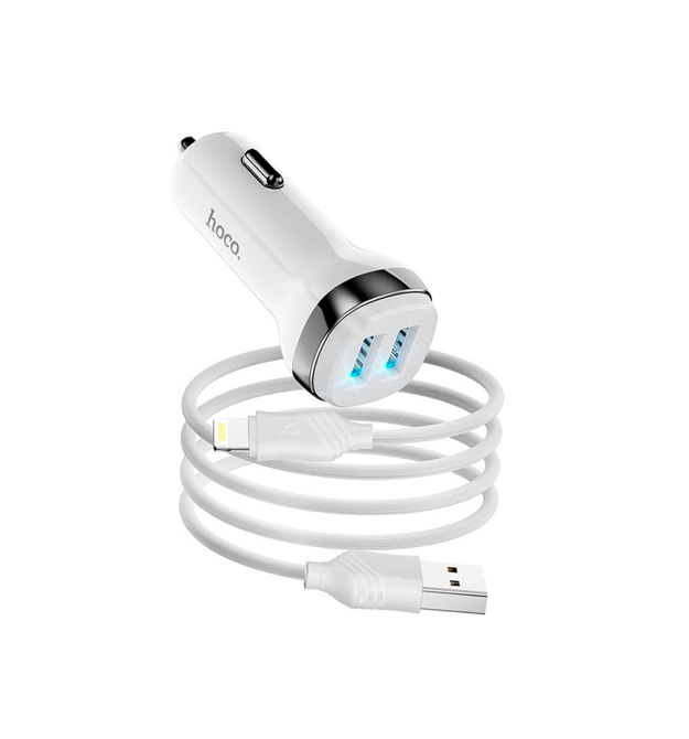 Набір АЗУ 12-24V HOCO Z40+ кабель Lighting, 2xUSB, 2.4A, кабель 1м, White, Box