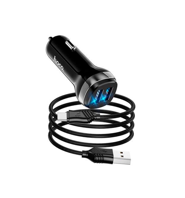 Набір АЗУ 12-24V HOCO Z40+ кабель Type-C, 2xUSB, 2.4A, кабель 1м, Black, Box