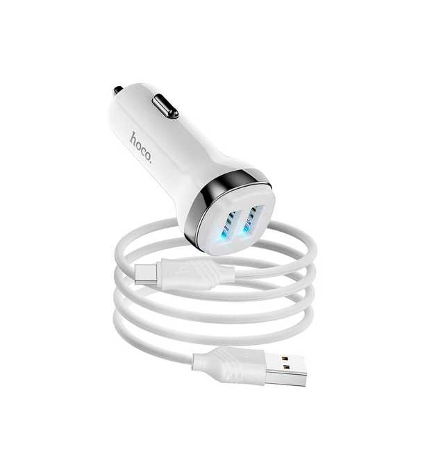 Набір АЗУ 12-24V HOCO Z40+ кабель Type-C, 2xUSB, 2.4A, кабель 1м, White, Box