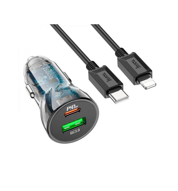 Набір АЗУ 12-24V HOCO Z47A+ кабель Lighting, USB 3.0+USB-C, 3A, кабель 1м, Black, Box