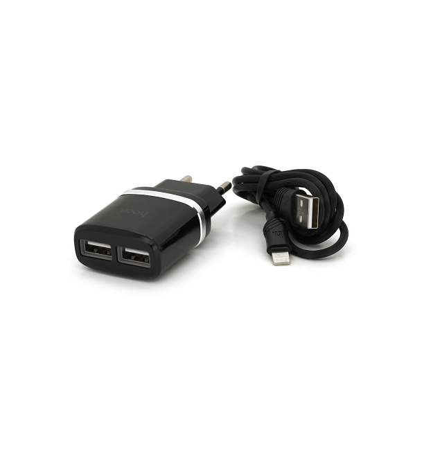 Набір СЗУ 110-240V HOCO C12+ кабель Lighting, 1xUSB, 2.4A, кабель 1м, Black, Blister