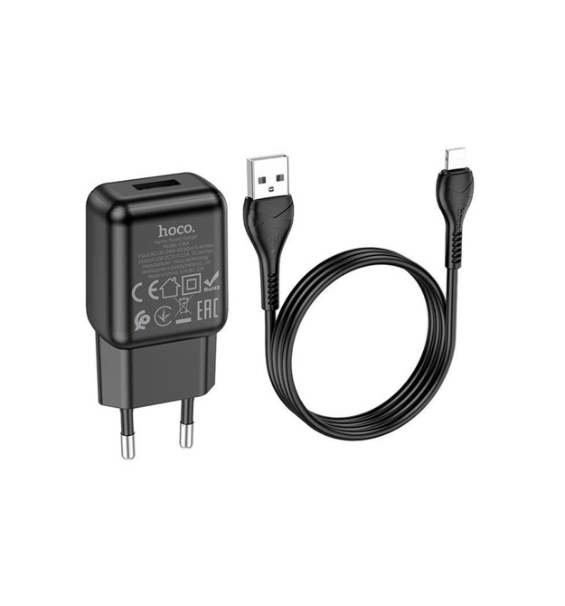 Набір СЗУ 110-240V HOCO C96A+ кабель Lighting, 1xUSB, 2.1A, кабель 1м, Black, Blister