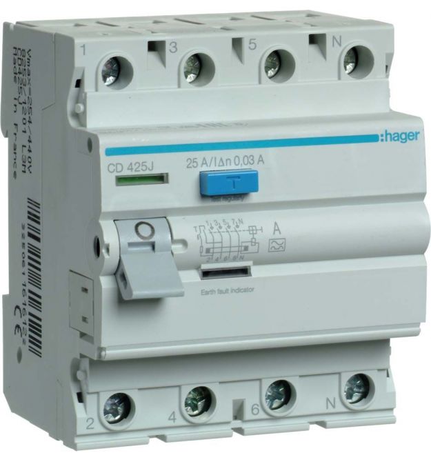 Устройство защитного отключения 4P, In-25А, I∆n-30 мА, Тип А, ширина 4М