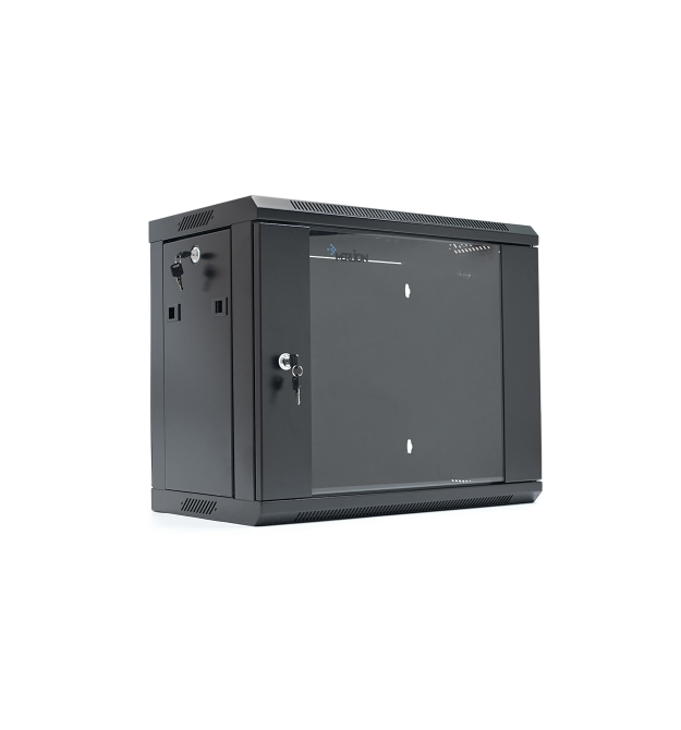 Шафа Merlion 9U, 600*350*500 (Ш*Г*В) мм загартоване скло, чорна, сталь 1,2мм, із замком (у розібраному вигляді!!!), Black