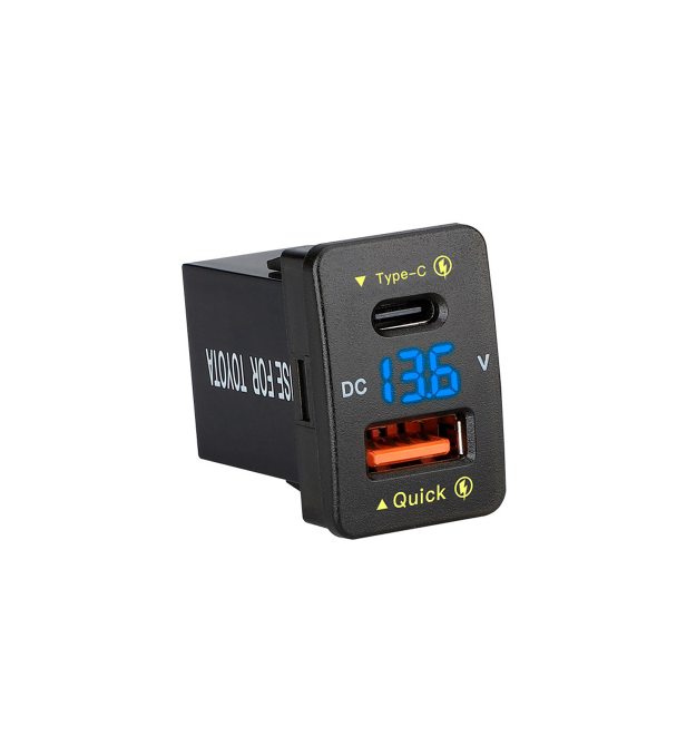 АЗУ FPUV-B, PD+QC3.0, Type-C: 30W, 5V-3A - 9V-3A - 12V-2.5A, USB: 18W, 5V-3.4A - 9V-2A - 12V-1.5A, 33x23mm, LED Blue, Black