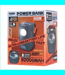 Повербанк REMAX RPP-100 60000 mAh 100W для ноутбука зі швидкою зарядкою / ліхтариком та дисплеєм 3xUSB Blue