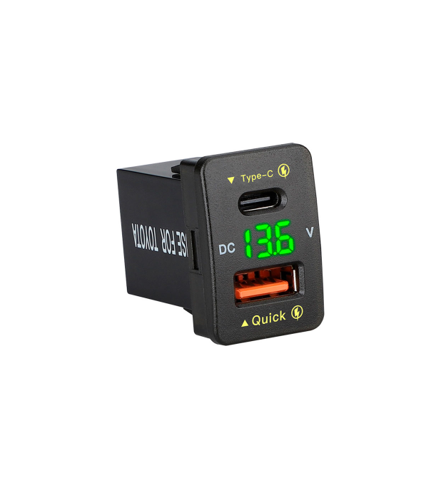 АЗУ FPUV-G, PD+QC3.0, Type-C: 30W, 5V-3A - 9V-3A - 12V-2.5A, USB: 18W, 5V-3.4A - 9V-2A - 12V-1.5A, 33x23mm, LED Green, Black