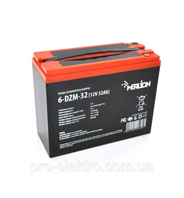 Тяговая аккумуляторная батарея AGM MERLION 6-DZM-32, 12V 32Ah M5 (222*93*174), Q3