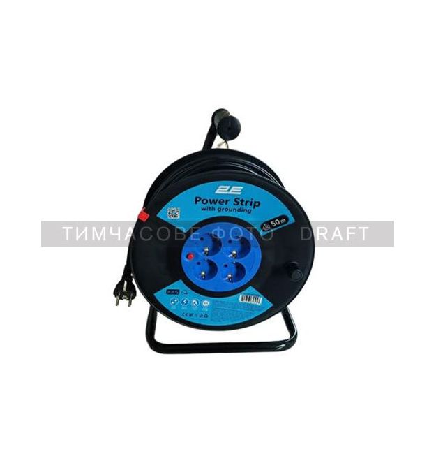 2E Удлинитель сетевой 4хТип F, 3х1.5мм кв, 16A, на котушці, 50м, черно-синий