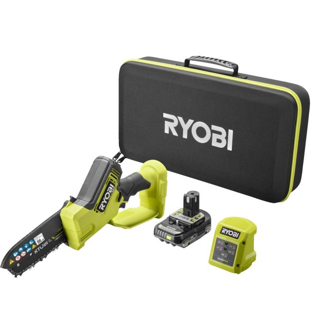 Ryobi Пила цепная аккумуляторная ONE+ HP RY18PSX15A-120T 18B 1х2А·ч ЗУ шина 15см бесщеточная 6м/с 1.19кг кейс