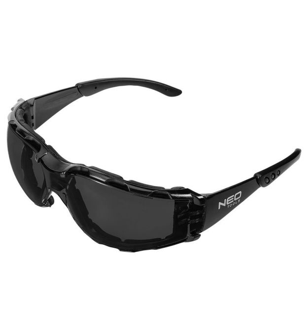 Очки защитные противоосколочные Neo Tools, класс защиты FT, резиновые дужки, поликарбонат, темно серый