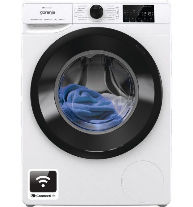 Gorenje Стиральная машина фронтальная, 8кг, 1200, A+++, 55см, дисплей, инвертор, пар, Wi-Fi, белый