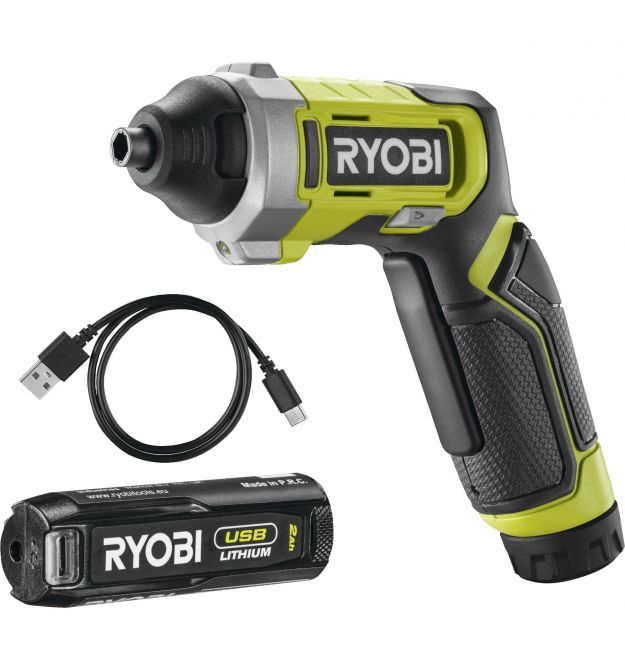 Ryobi Отвертка аккумуляторная RSD4-120T, 4В USB Lithium, акб 1х2Ач, 5Нм, 200об/мин, кейс для хранения, 10 насадок, 0.37кг