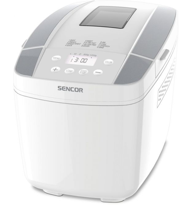 Хлебопечка Sencor 800Вт, программ-10, макс.вес -1.2кг, форма прямоугольник, пластик, белый