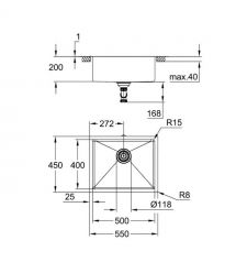 Grohe Мойка кухонная K700U, нерж. сталь, прямоуг., без крыла, 550x450x200мм, чаша - 1