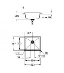 Grohe Мойка кухонная K700U, гранит, прямоуг., без крыла, 533x457x205мм, чаша - 1, врезная/под столешницу, черный гранит