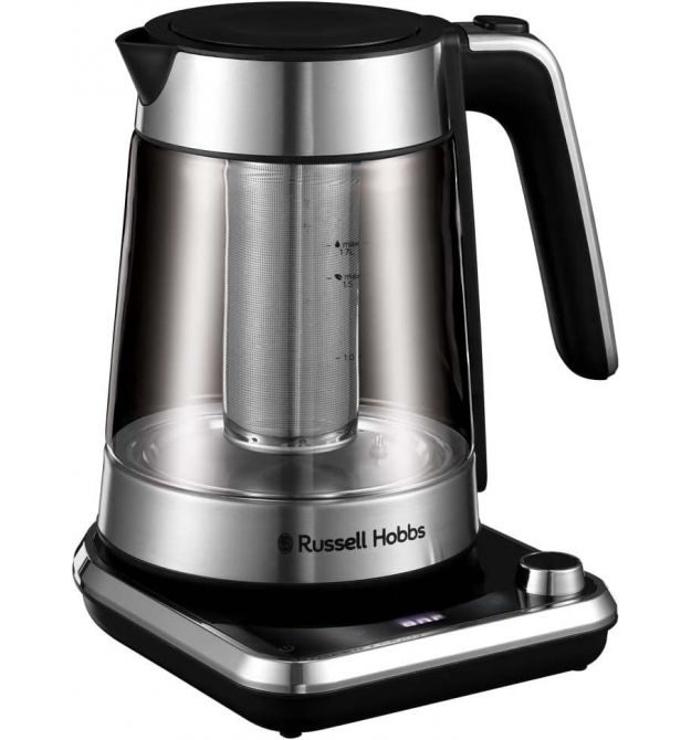 Russell Hobbs Электрочайник Attentiv Kettle, 1.7л, Strix, стекло, база с отсеком для шнура, серый