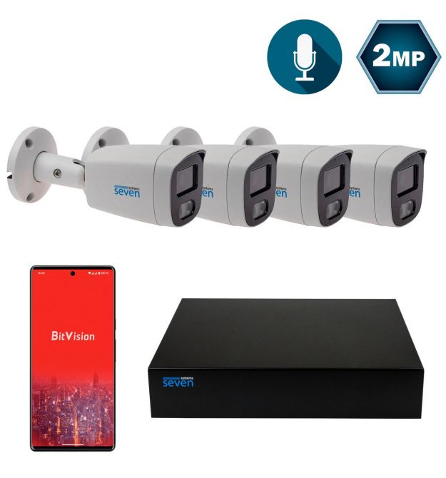 Комплект видеонаблюдения на 4 цилиндрические 2 Мп IP-камеры SEVEN IP-7222W4P4-2MP
