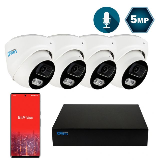 Комплект видеонаблюдения на 4 купольные 5 Мп IP-камеры SEVEN IP-7215W4P4-5MP