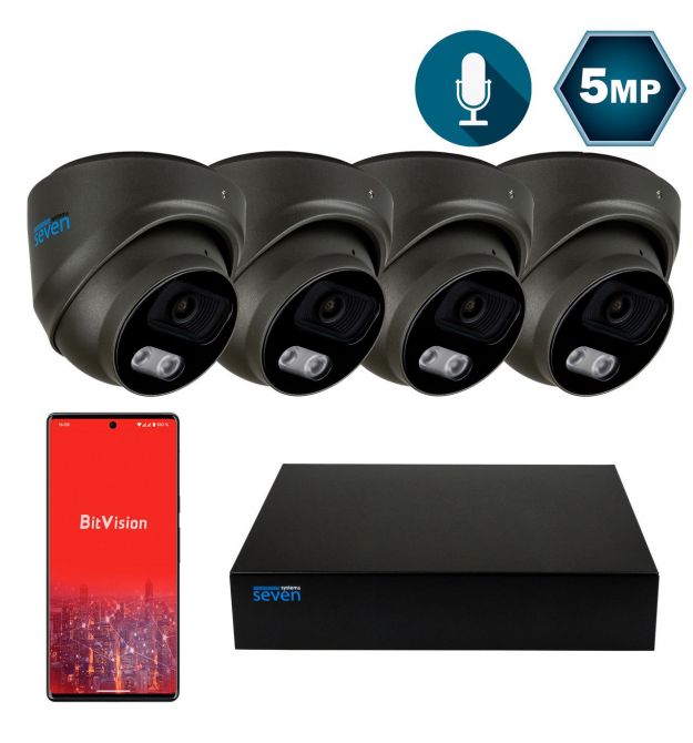 Комплект видеонаблюдения на 4 купольные 5 Мп IP-камеры SEVEN IP-7215B4P4-5MP