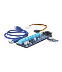 Riser PCI-EX, x1-x16, 4-pin MOLEX, SATA-4Pin, USB 3.0 AM-AM 0,6 м (синий) , конденсаторы F270, Пакет