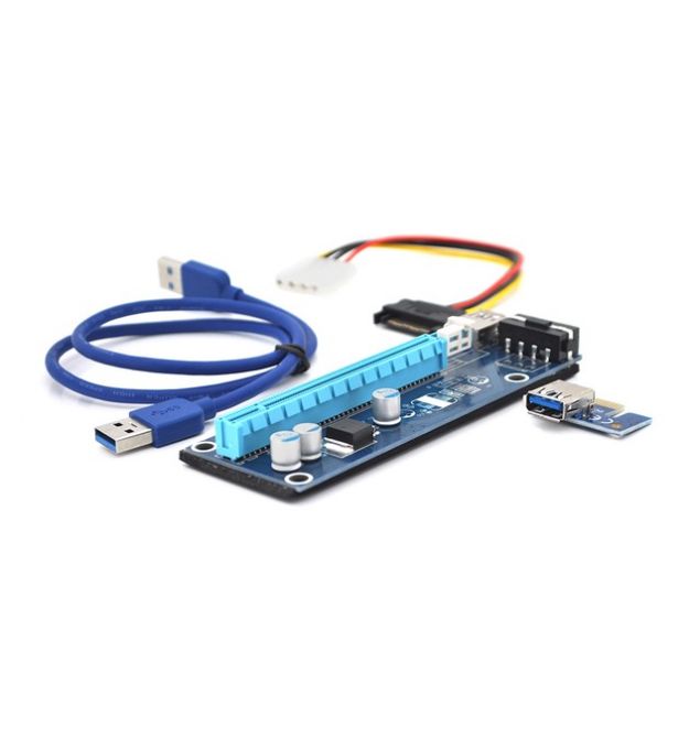 Riser PCI-EX, x1-x16, 4-pin MOLEX, SATA-4Pin, USB 3.0 AM-AM 0,6 м (синий) , конденсаторы F270, Пакет