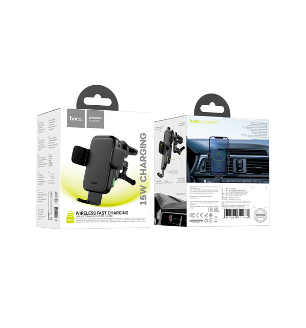 Автоутримувач HOCO HW10+ Wireless Charging 15W, кріплення на решітку, затискач 50-90мм, Black, Box