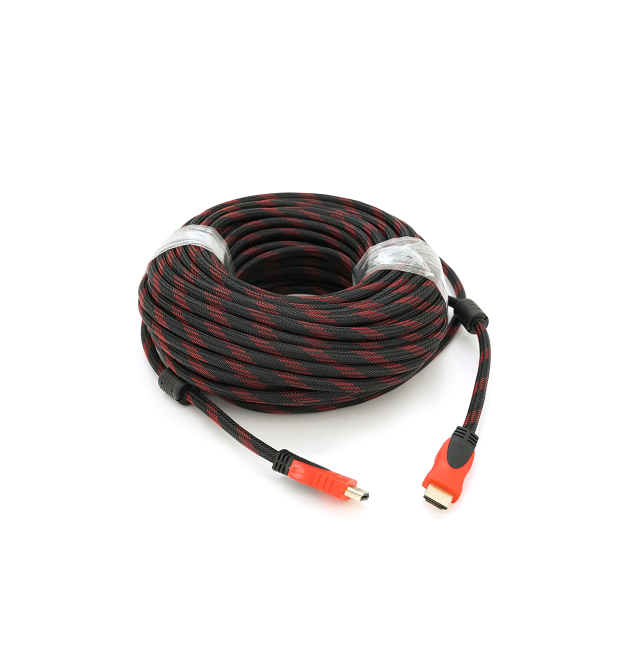 Кабель Merlion HDMI-HDMI 30m, v1.4, OD-7.4mm, 2 фільтри, обплетення, круглий Black - RED, конектор RED - Black, (Пакет) Q20