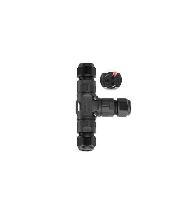 Кабельний T-розгалужувач EW-P20T-3P, під кабель 5-9 мм, 16A, 450V, Black