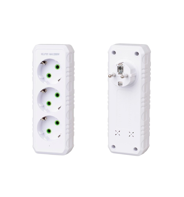 Розетка трійник із заземленням F101-White, 3 розетки, 2500W, 10A, 110-250V~Max, Blister
