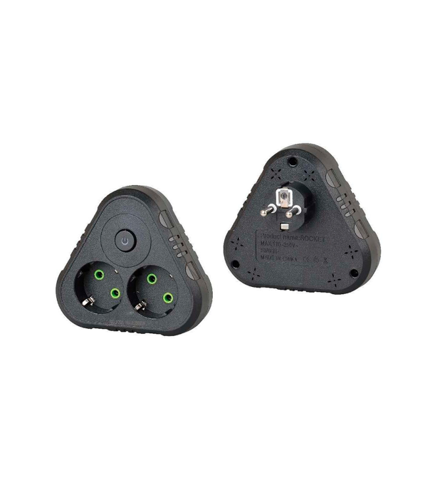 Розетка трійник із заземленням F201-Black з вимикачем, 2 розетки, 2500W, 10A, 110-250V~Max, Blister